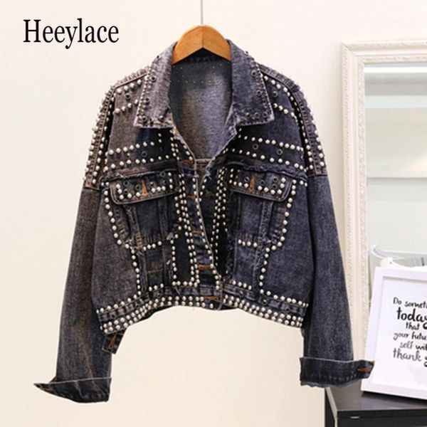 

jacket women 2019 autumn hand rivet studded denim jacket loose outwear female new students casual short jeans coats1, Black;brown