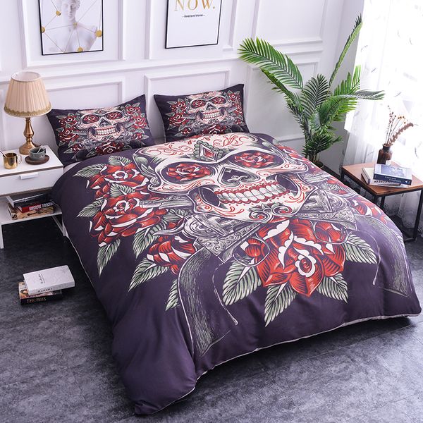 

zeimon sugar skull printing bedding sets 2/3pcs flowers pattern bed linings duvet cover pillowcases black and white home decor