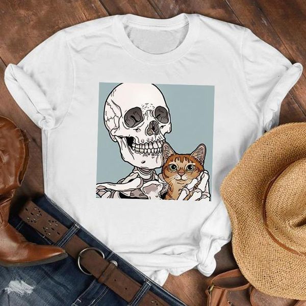 

women lady printed short sleeve funny cat 90s fashion shirt clothes tshirt female print t tee womens graphic t-shirt, White