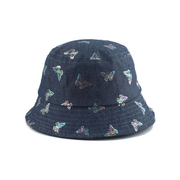 

wide brim hats fashion butterfly print fisherman hat for women denim cotton bucket bob hip hop cap panama sun, Blue;gray