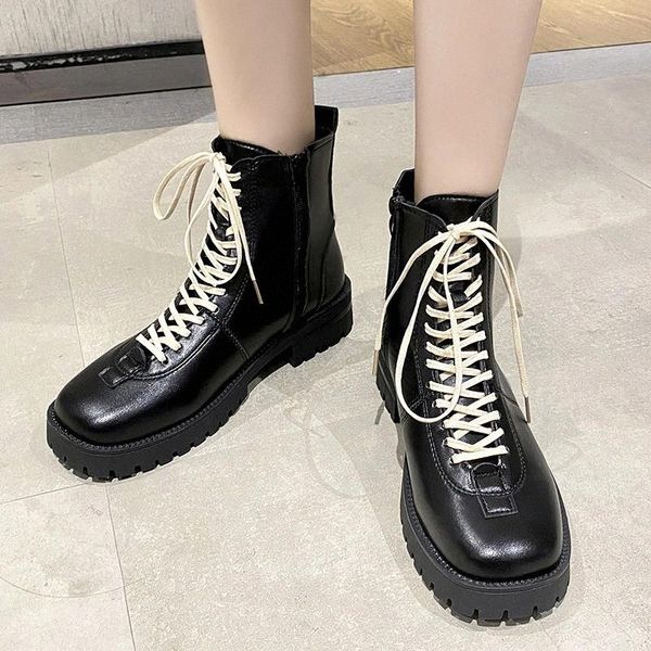 

rimocy british style chunky motorcycle boots for women casual lace up platform ankle boots ladies pu leather botas #bj6n, Black