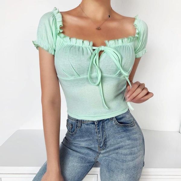 

whzhm new arrival skinny tees feminina summer ruffles short sleeve lacing bow club party slash neck t shirt women, White