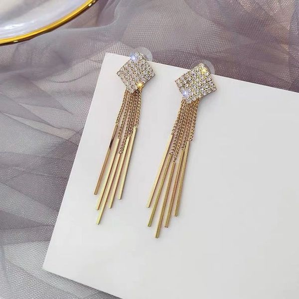 

european and american personalized high-key dignified round face slimming long earrings 925 silver needle geometric square rhinestone tassel, Golden