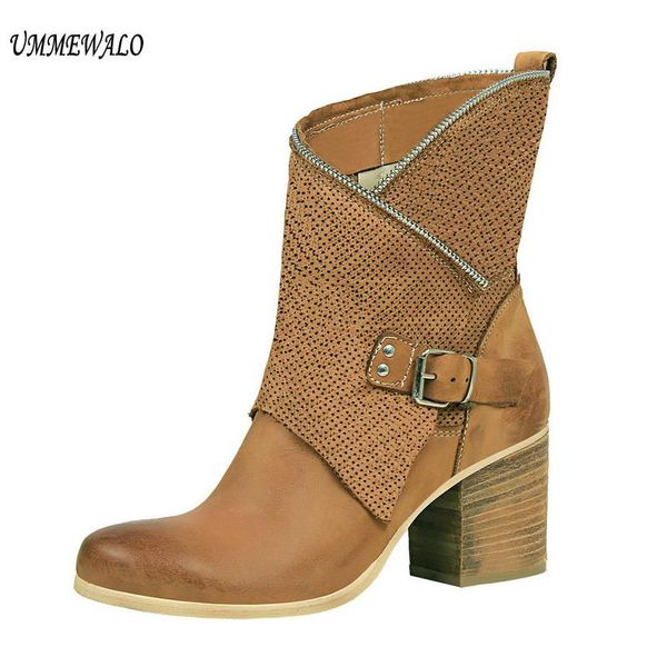 

boots ummewalo ankle length flock women fashion round toe high heel shoes winter ladies, Black