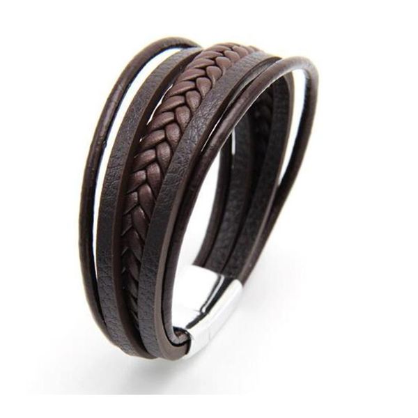 

zoshi handmade braided genuine leather bracelet for men stainless steel magnet clasp multi-layers bangles christ wmtkpa, Golden;silver