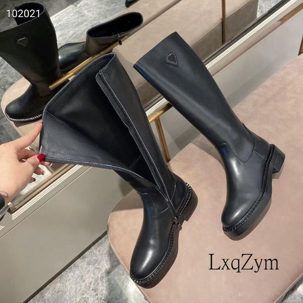 

boots ladies non-slip knight natural full calfskin side zipper elegant women slim mid heel shoes runway, Black