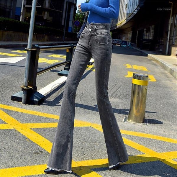 

women's jeans women's 2021 autumn high-waisted flared with buttoned slimming and fringed all-match trousers1, Blue