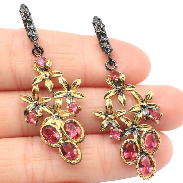 

50x20mm Bohemia Design 6.9g Vintage Created Rhodolite Garnet London Blue Topaz Cool Black Metal Silver Earrings Punk Hollow
