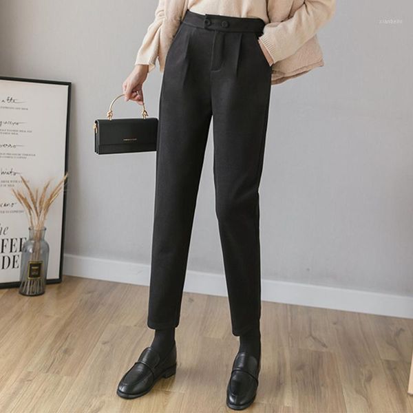 

women woolen pants new elegant ankle-length trousers 2020 autumn winter high waist casual harem pants mujer1, Black;white