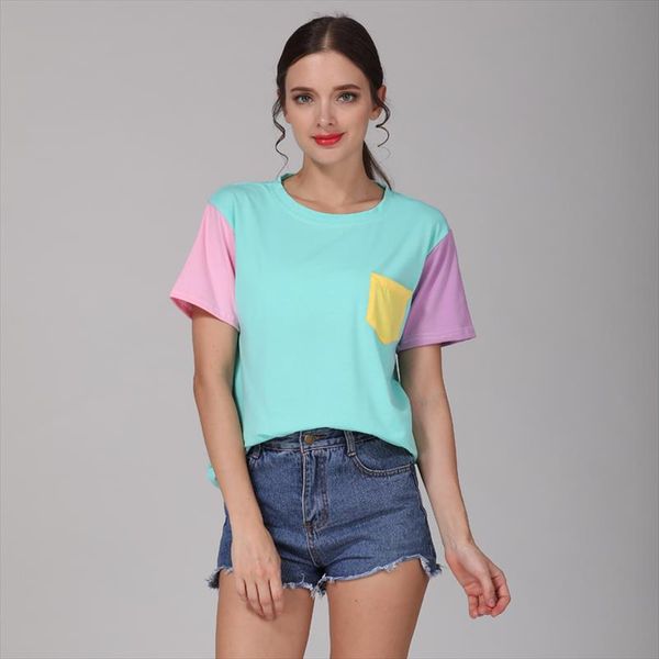 

summer style fashion women harajuku patchwork t shirts kawaii casual cotton spell color patchwork kpop tshirt drop shipping, White