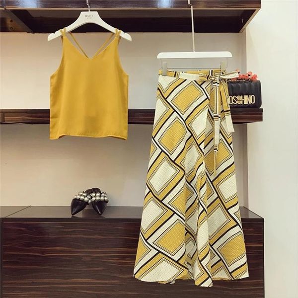 

2020 women summer casual skirt set v neck sleeveless soild tank printed high waist split skirts 2 pieces clothing sets suit, Gray