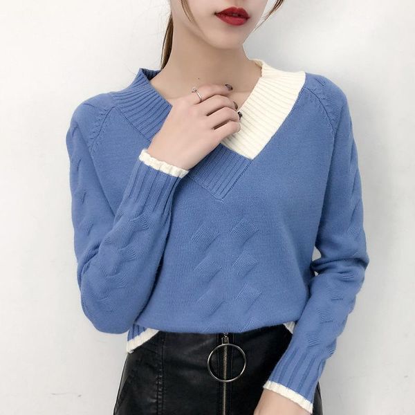 

women korean style sweaters solid color v-neck elegant yellow pullover fall clothing harajuku punk jumper1, White;black