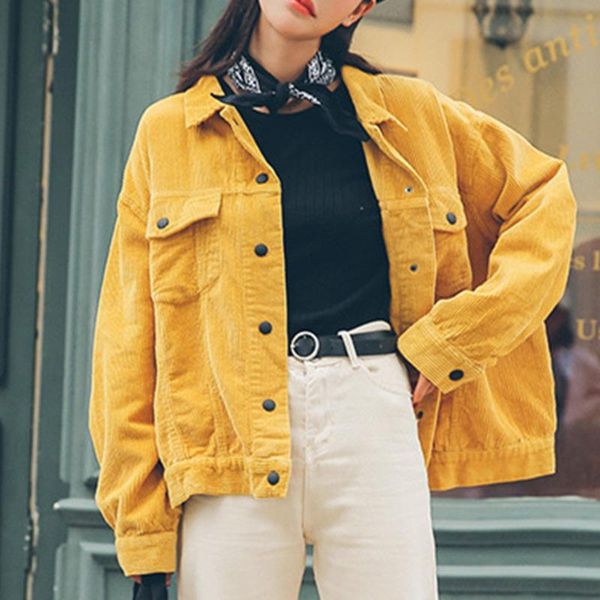 

yellow corduroy coat women spring and autumn korean style jacket coat female loose long-sleeved trendy outwear clothes 2020, Black;brown
