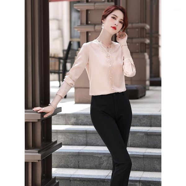

new autumn elegant solid white v-neck female blouse long sleeve office lady shirt formal plus size clothing for women1
