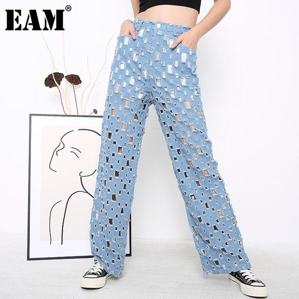 

eam] wide leg blue holes long wide leg jeans new high waist loose women trousers fashion tide spring autumn 2020 1k43405
