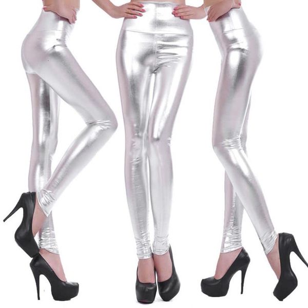 

fashion women shiny silver gold leggings high-waisted faux leather stretch pencil pants drop shipping good quality, Black