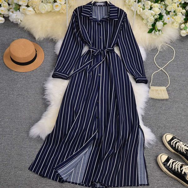 

women wind skirt stripe autumn shirt long sleeve temperament single breasted lace up light mature dress, Black;gray