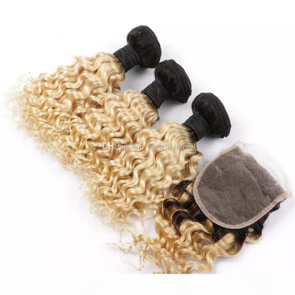 

deep curly 1b 613 blonde hair with closure 9a grade brazilian human hair deep wave two tone blonde lace closure with bundles, Black;brown