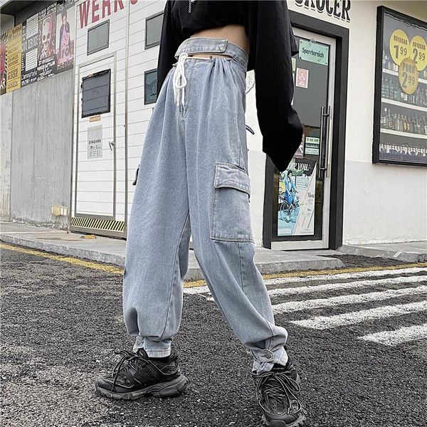 

loose harem side cargo pocket hollow waist drawstring baggy high streetwear jogger denim pant jeans tracksuit boyfriend korean, Black;white