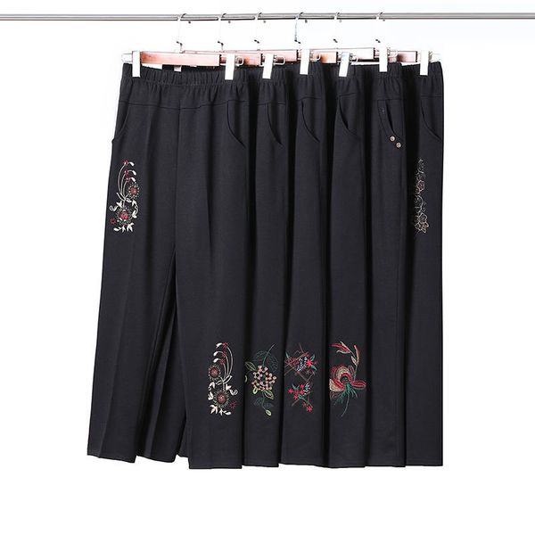 

2021 new plus size 5xl middle-aged elderly women trousers new elastic high waist embroidery autumn winter straight pants 238 amu3, Black;white