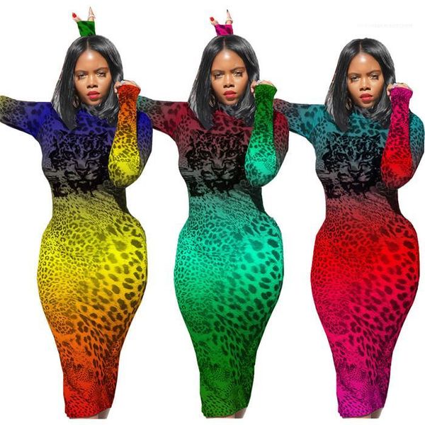 

sleeve clothing spring autumn fall elegant women casual dresses gradient leopard bodycon dresses womens designer turtle neck long, Black;gray