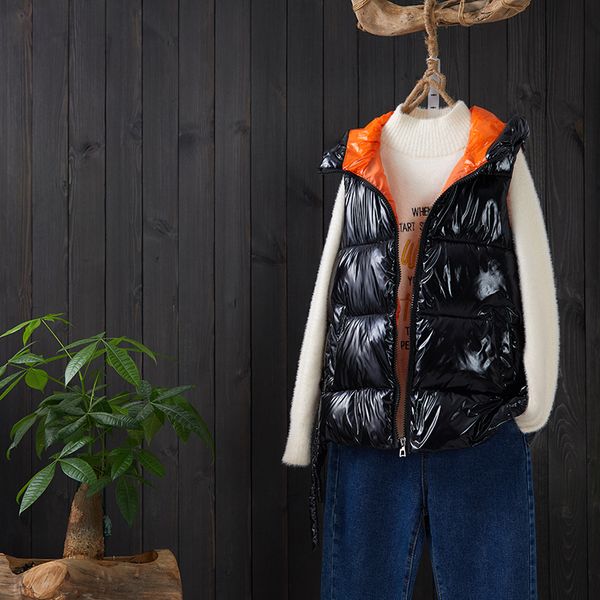 

2021 new winter vest women waistcoat female sleeveless jacket hooded warm vest outwear colete feminino vyy4, Black;white