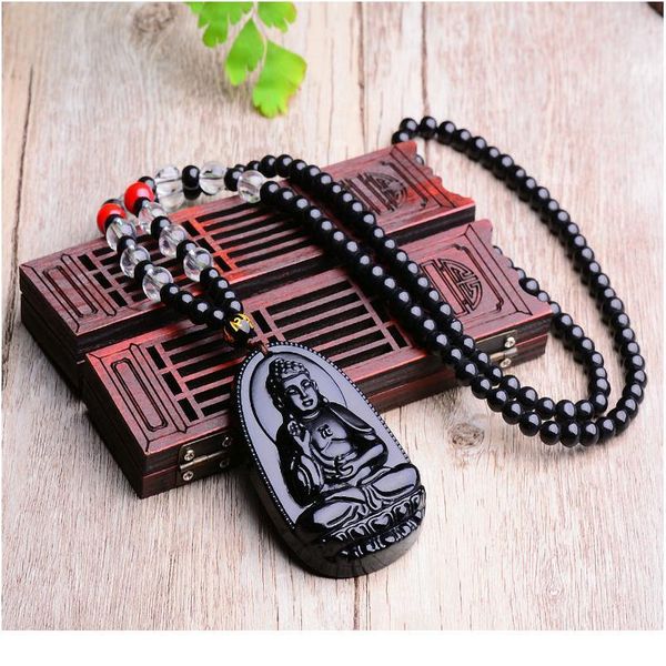 

natural stone black obsidian carved buddha lucky amulet pendant necklace fine jewelry for women men sweater chain penda jllmqe