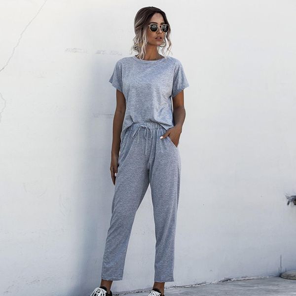 

2pcs women 2020 summer tracksuits set lounge wear short sleeve long pants sweat suits house sports casual outfit, Gray