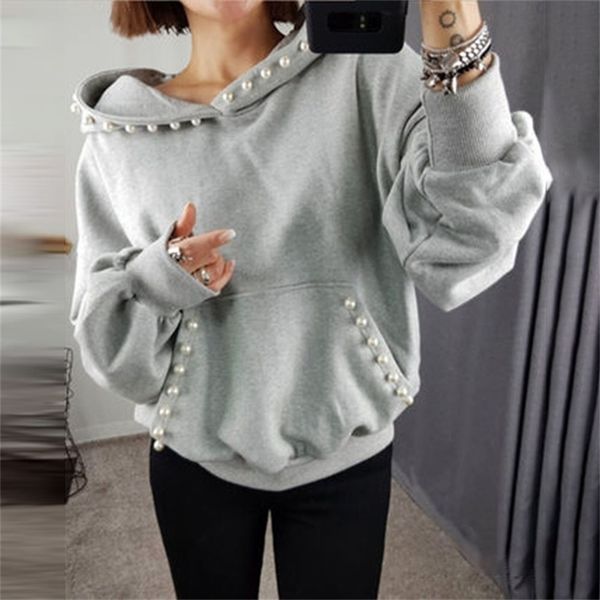 

women solid hoodie autumn and spring office ladies elegant plain beading pullover hooded coat korean causal outwear gray lj200808, Black