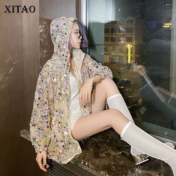 

xitao thin sequin women jacket hooded collar summer plus size patchwork goddess fan casual style loose minority coat zp1276 201028, Black;brown