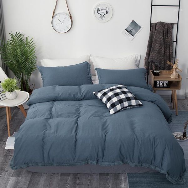 

pure color bedding quilt cover220x240large, king-size, single,washed cotton tassel edging, duvet cover and pillowcase for lovers1