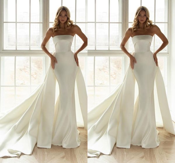 Abito da sposa a sirena in raso semplice taglie forti Abito da sposa con strascico staccabile Abiti da cerimonia senza spalline con fiocco sul retro Vestido De Noiva robe de mariee Custom Made