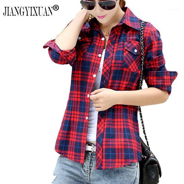 

jiangyixuan casual button down lapel neck plaids checks flannel shirts women long sleeve blouse s-1441, White
