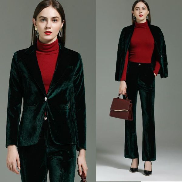 

dark green pants 2-piece suit plush coat and trousers work suits for women professional clothes for women jacket and pants set, White