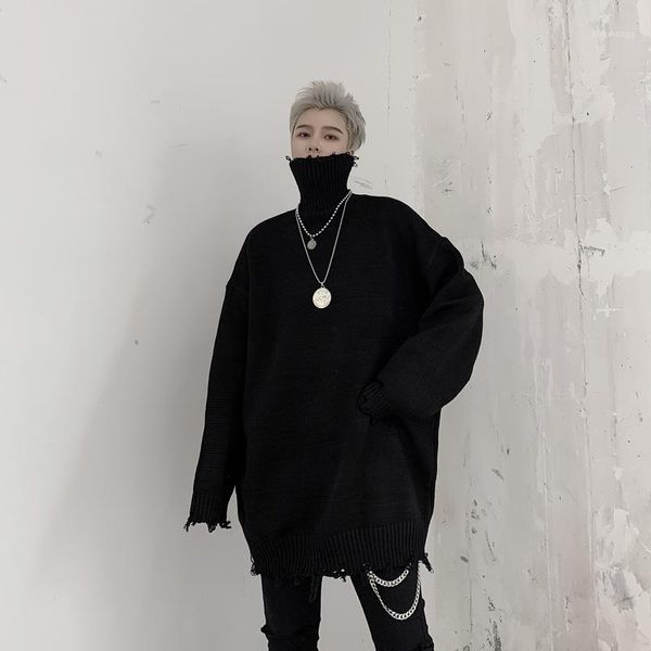 

men autumn winter turtleneck hole loose solid knitted pullover sweater male women street hip hop punk gothic sweater1, White;black