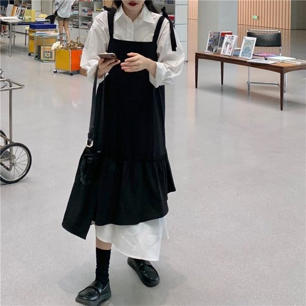 

tgje5 autumn new suspender skirt white long sleeve shirt shirt small fake two piece black and white splicing suspender skirt gak5y, Gray