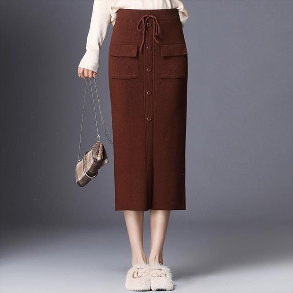 

women knit long pencil skirt elastic high waist drawstring sweater skirt autumn winter elegant midi skirts pocket button, Black