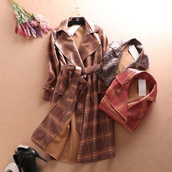 

2020 new autumn suede trench coat women abrigo mujer long sleeve elegant plaid outwear female overcoat slim windbreaker m4071, Tan;black