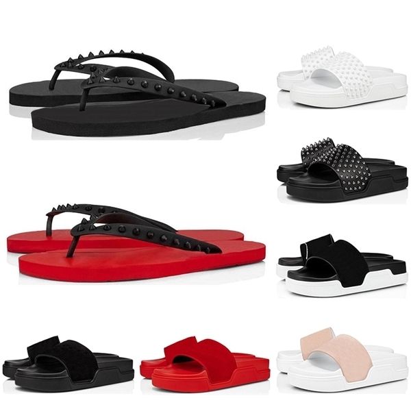 

fashion men women flip flops red bottom spikes summer slippers triple black white yellow slides house outdoor mens sandals