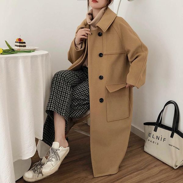 

loose long woolen cloth coat whom han edition of new fund of 2020 autumn and winter cloak little cloth coat show thin, Black