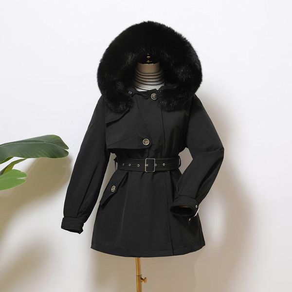 

fmfssom new 90% white duck down winter women hooded down parkas with belt coat warm snow windbreaker big real fur collar outwear, Black
