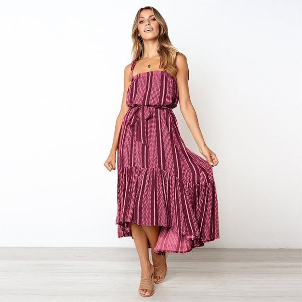 

2020 new arrival women striped print boho dress slash neck sleeveless sashes ruffles straps holidays vacation maxi dress vestido1, Black;gray