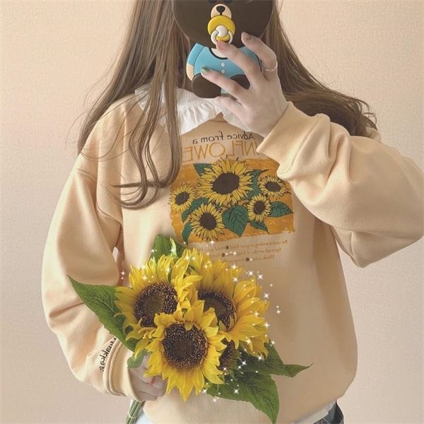 

japanese style sweatshirt women long sleeve o-neck sunflower print loose pullovers casual hoodies female y1106, Black