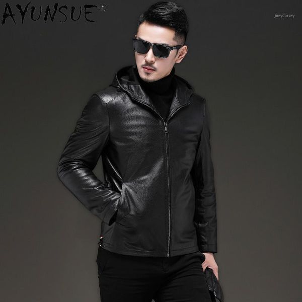 

ayunsue 2020 men's genuine leather jacket men clothing 100% cowhide leather coat hooded autumn chaqueta cuero hombre 19-205 kj1, Black