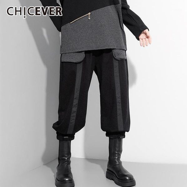 

chicever ankle length pants for women high waist patchwork hit color pockets oversized black harem trousers female 2020 clothing1, Black;white