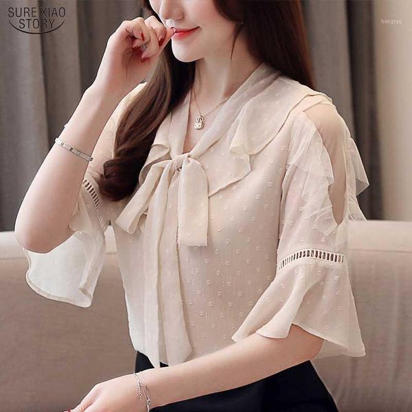 

2020 plus size ladies summer off shoulder chiffon shirt women office short flare sleeve solid pullover blouse women 102981, White