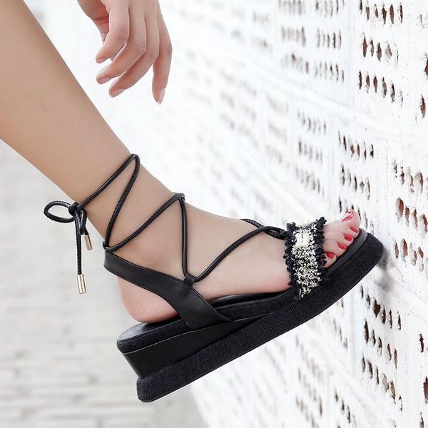 

genuien leather women summer sandals lace up vintage high wedgesa heels pumps new quality prom party shoes woman1, Black