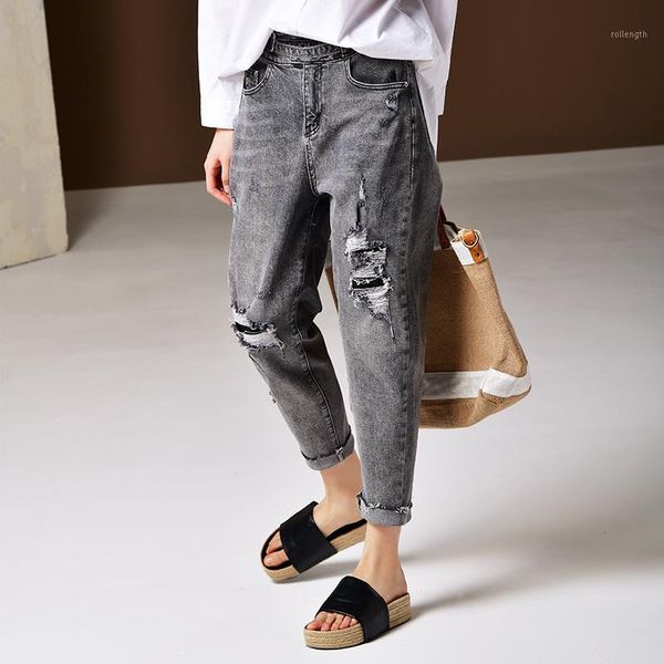 

micoco n3021 korean version of large size hole straight tube flanged gray nine point jeans female1, Blue