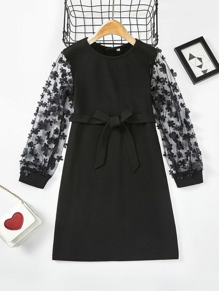 

girls mesh panel appliques belted dress she, Red;yellow