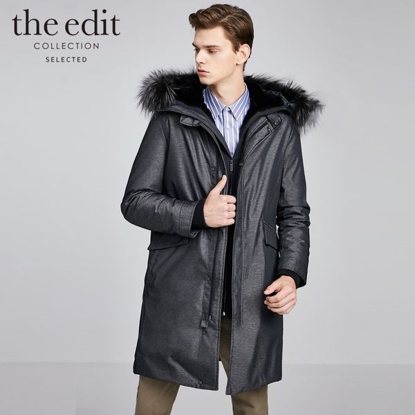 

selected men's hooded removable fur collar mid-length down jacket s|419412593, Black